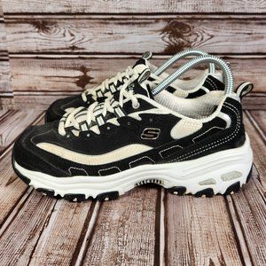 SKECHERS D'LITES Women's 7.5 Black White Suede Athletic Walking Sneakers Shoes